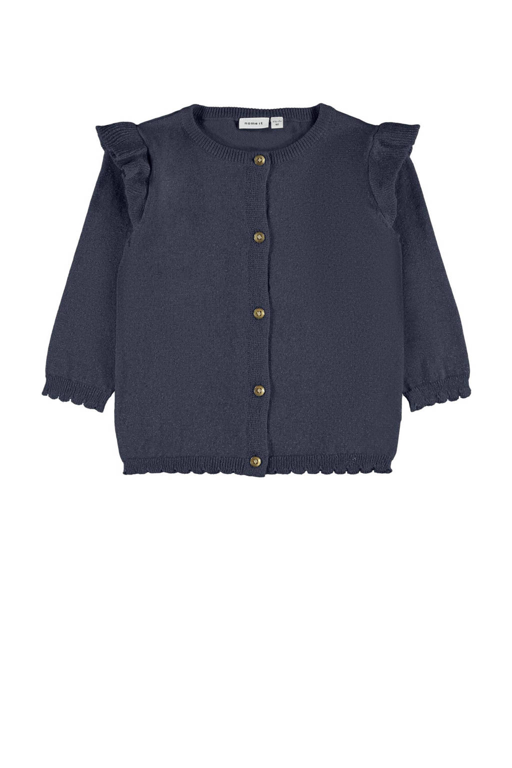 Donkerblauwe meisjes NAME IT MINI vest katoen met lange mouwen, ronde hals en ruches