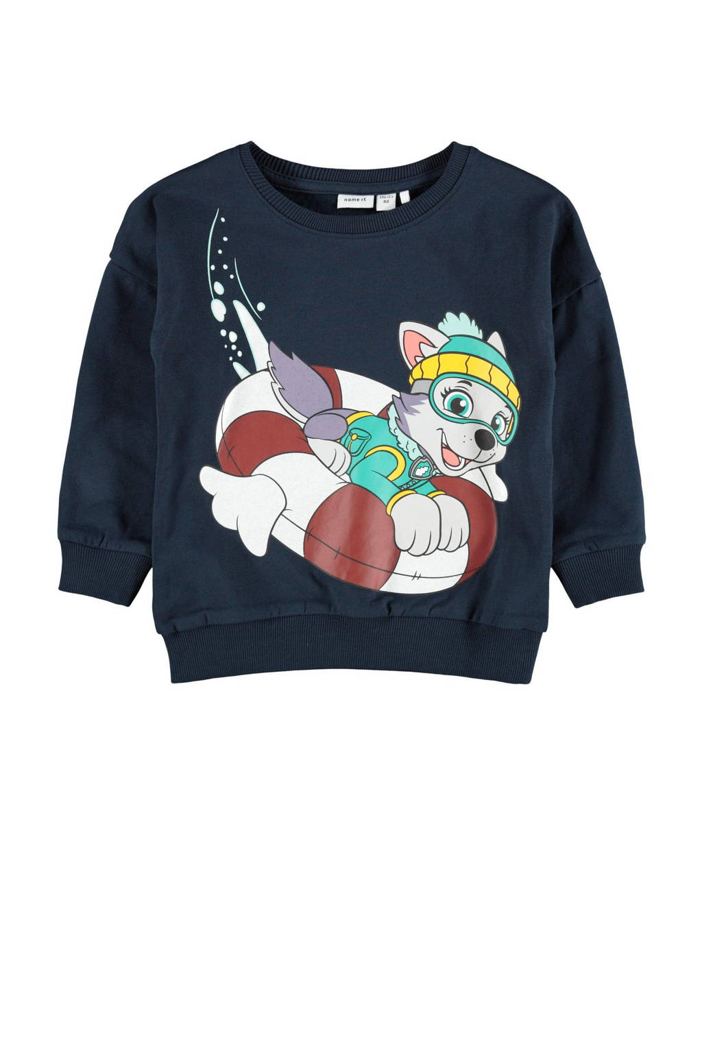 Donkerblauwe meisjes NAME IT MINI Paw Patrol sweater met printopdruk, lange mouwen, ronde hals en geribde boorden