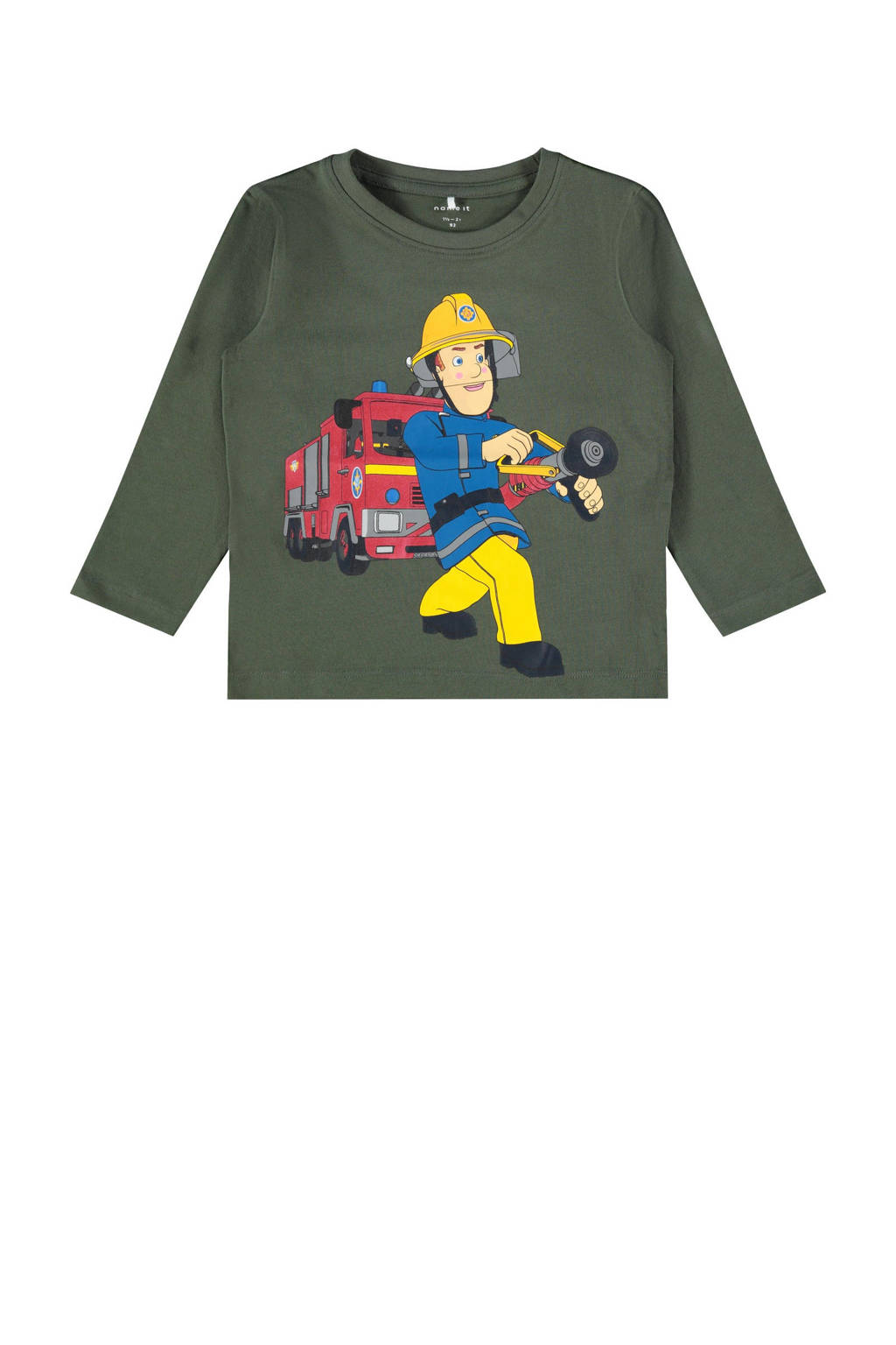Groene jongens NAME IT MINI Brandweerman Sam longsleeve van duurzaam stretchkatoen met printopdruk, lange mouwen en ronde hals