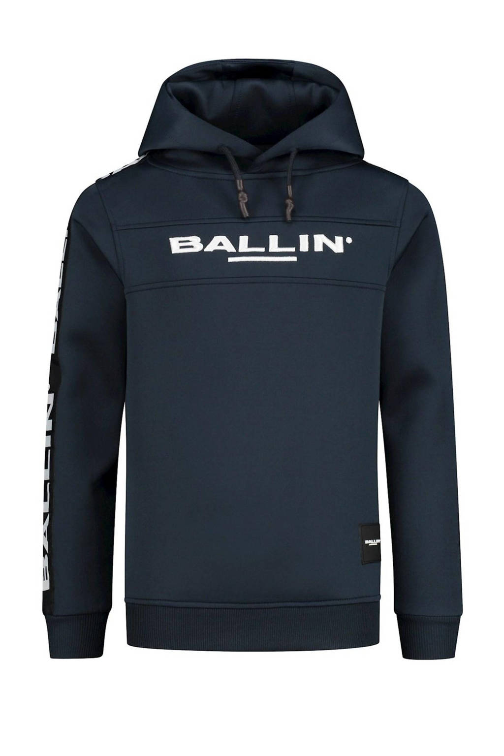 Donkerblauwe jongens en meisjes Ballin unisex hoodie van sweat materiaal met logo dessin, lange mouwen en capuchon