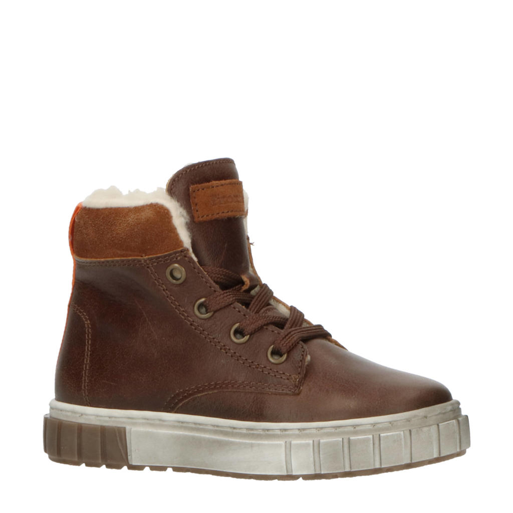 Bruine jongens Pinocchio P2545 leren veterboots met rits- en vetersluiting