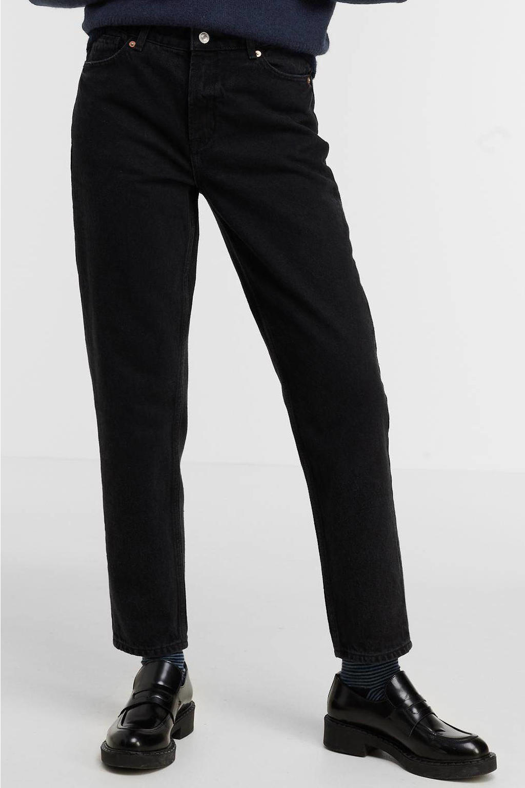 Zwarte dames Kings of Indigo cropped high waist tapered fit jeans van duurzaam stretchdenim met rits- en drukknoopsluiting