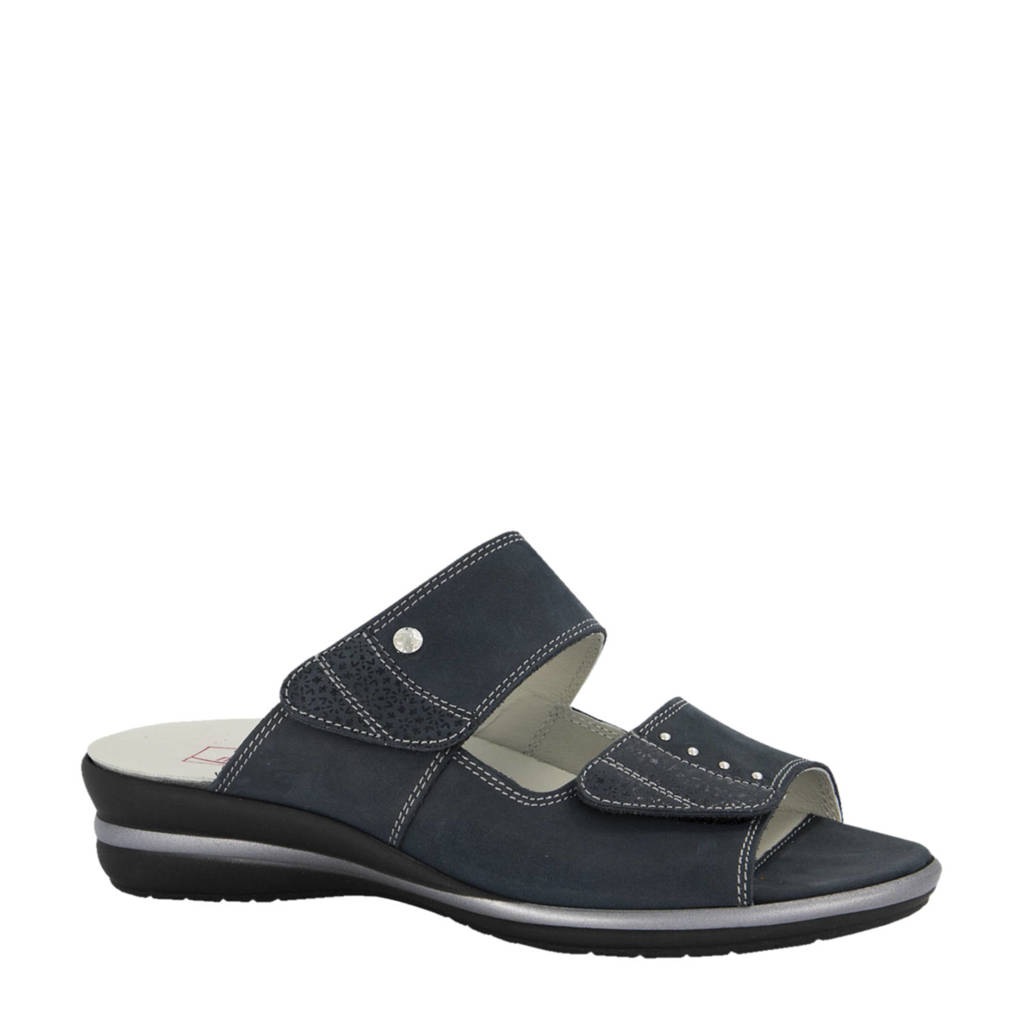 Donkerblauwe dames Medicus comfort leren slippers met klittenband