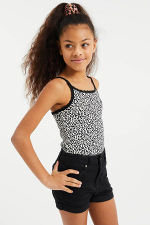 singlet met all over print en borduursels zwart/wit