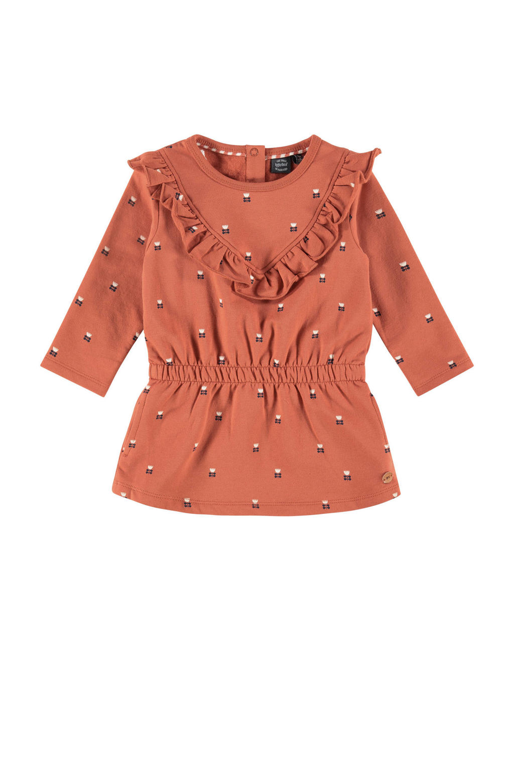Oranje meisjes Babyface jurk met ruches van stretchkatoen met all over print, lange mouwen en ronde hals