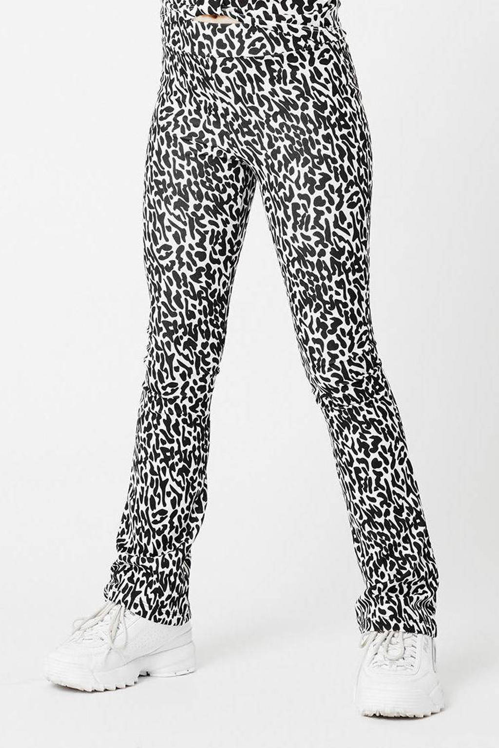 CoolCat Junior flared broek Philou  met all over print wit/zwart 34 inch, Wit/zwart