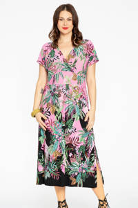 Yoek jurk WILDERNESS met bladprint en plooien roze/groen/zwart, Roze/groen/zwart