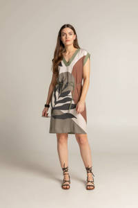 Expresso jurk met bladprint olijfgroen/wit/roodbruin, Olijfgroen/wit/roodbruin