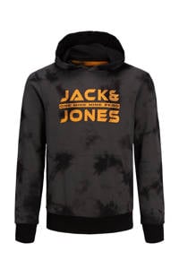 Zwarte jongens JACK & JONES JUNIOR hoodie van sweat materiaal met camouflageprint, lange mouwen, capuchon en geribde boorden
