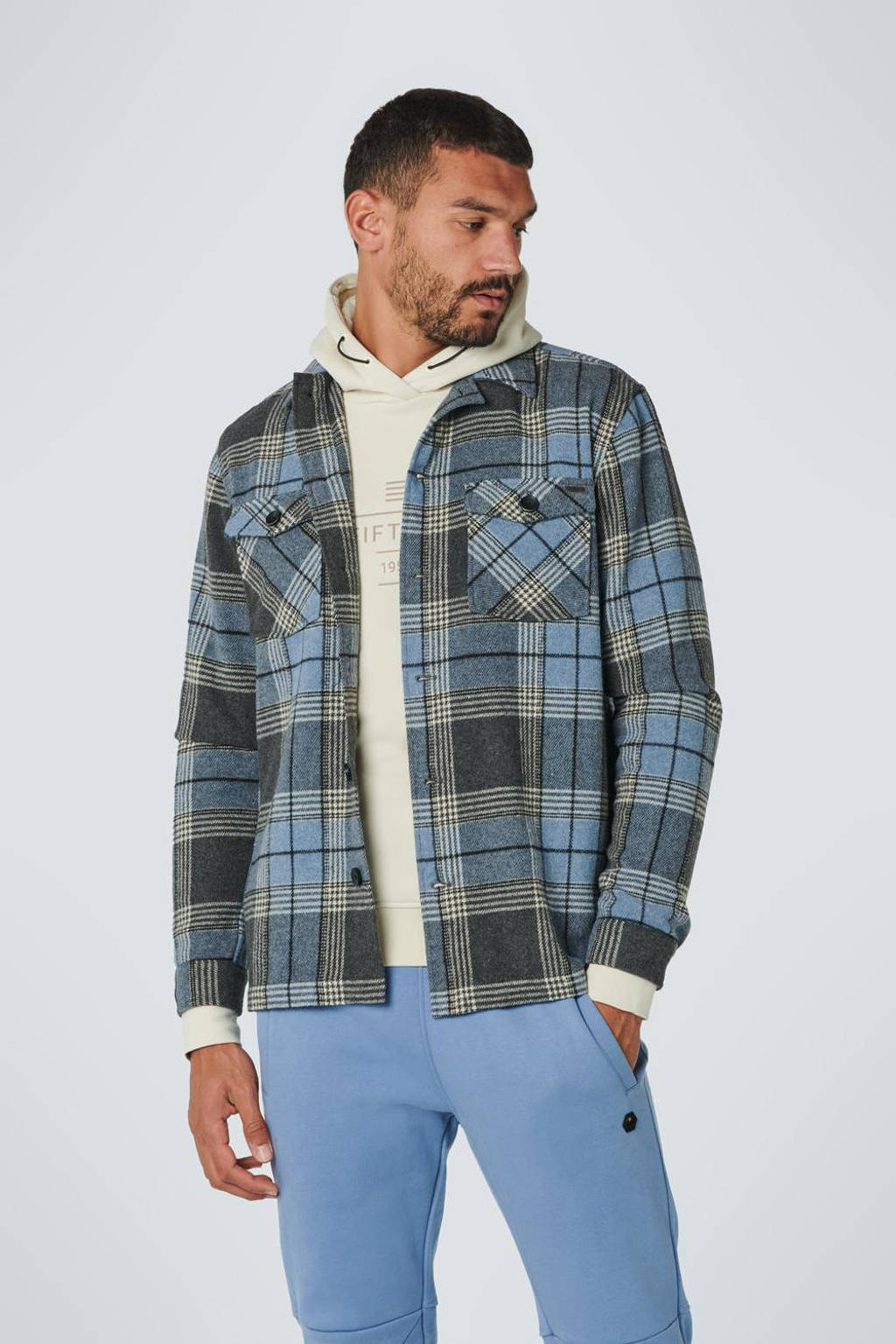 Blauwe heren No Excess geruit regular fit overshirt van polyester met lange mouwen en klassieke kraag
