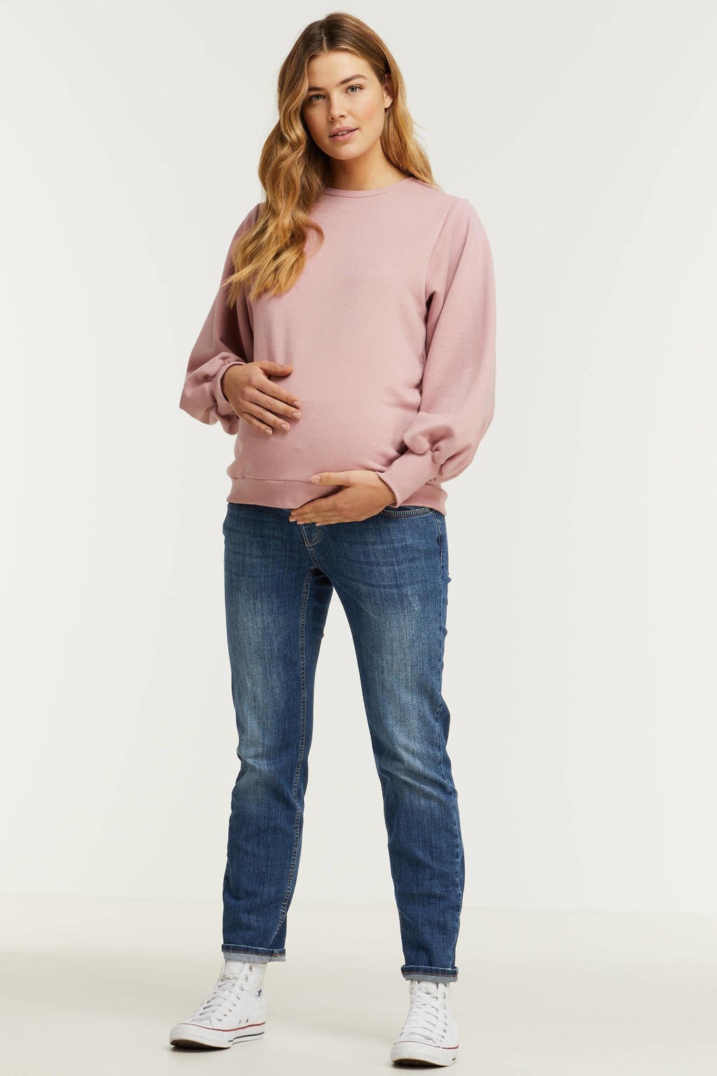 Blauwe dames LOVE2WAIT mom zwangerschapsjeans Norah van stretchdenim met regular waist, rits- en knoopsluiting en effen