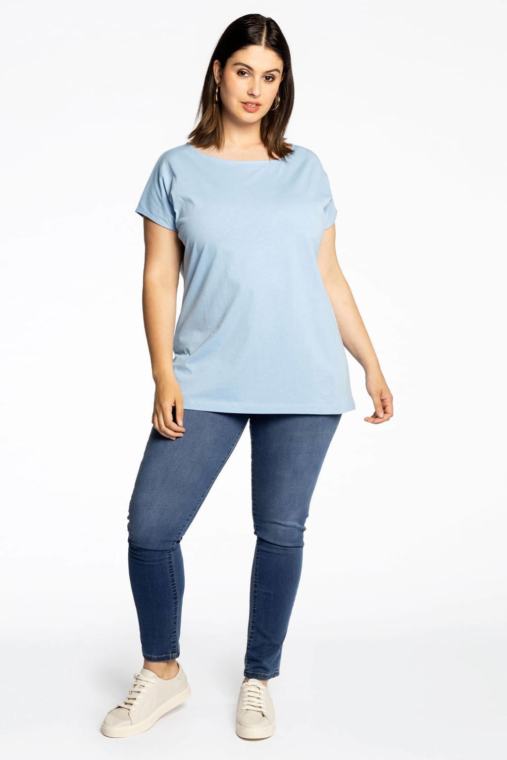 Lichtblauwe dames Yoek T-shirt van katoen met korte mouwen en boothals