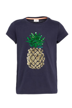 T-shirt met printopdruk en pailletten donkerblauw