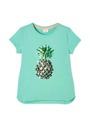 T-shirt met printopdruk en pailletten turquoise