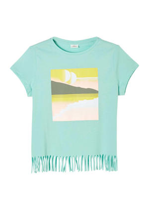 T-shirt met printopdruk en franjes mintgroen
