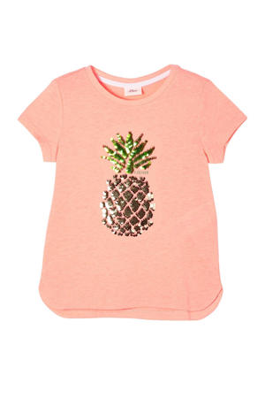 T-shirt met printopdruk en pailletten zalmroze