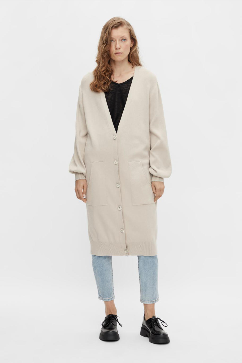 Beige dames OBJECT vest van viscose met lange mouwen, V-hals, knoopsluiting en ballonmouwen