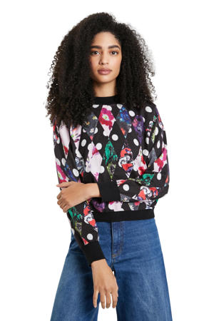 korte sweater met all over print zwart/ roze