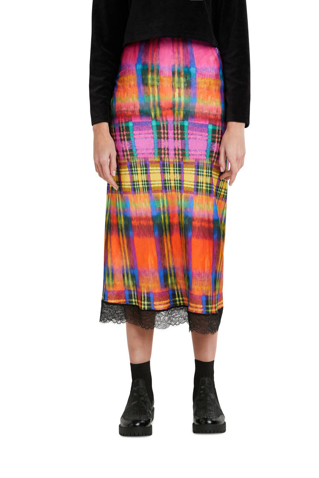 Multikleurige dames Desigual midi rok met all over print en kant gemaakt van viscose en met elastische tailleband