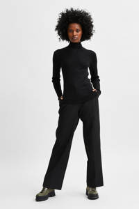 Zwarte dames SELECTED FEMME gemêleerde fijngebreide trui van acryl met lange mouwen en col