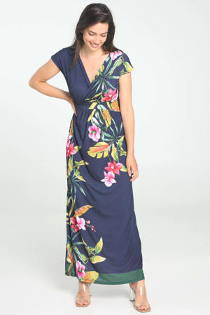gebloemde maxi jurk donkerblauw/fuchsia