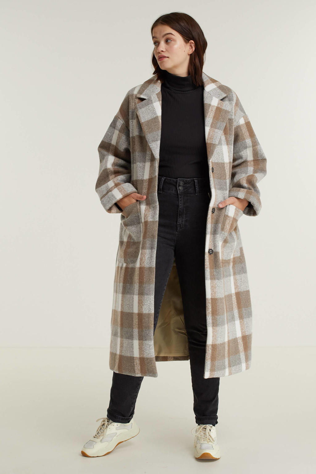 Bruin, grijs en ecru dames Exxcellent geruite coat Pim van polyester met lange mouwen, reverskraag, striksluiting en ceintuur