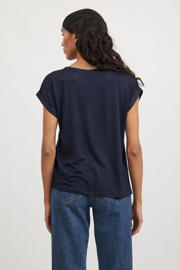 thumbnail: Donkerblauwe dames VILA satijnen top van polyester met effen, korte mouwen, ronde hals en glimmend detail