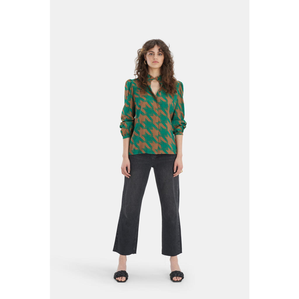 Shoeby Eksept blouse Missy met pied-de-poule en kant bruin/groen