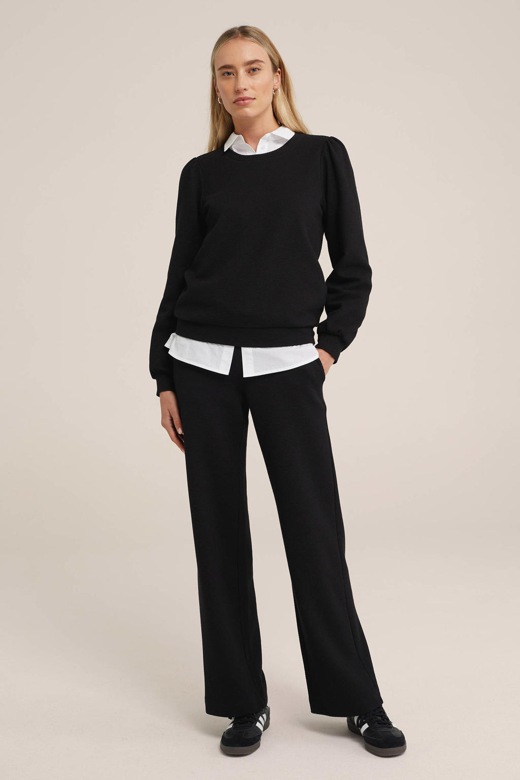 Zwarte dames WE Fashion wide leg palazzo broek van duurzaam stretchkatoen met regular waist en elastische tailleband