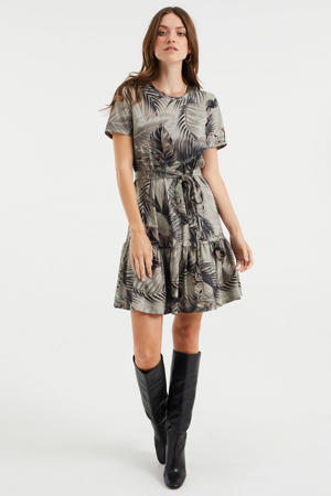 jurk met bladprint en volant groen/zwart/bruin
