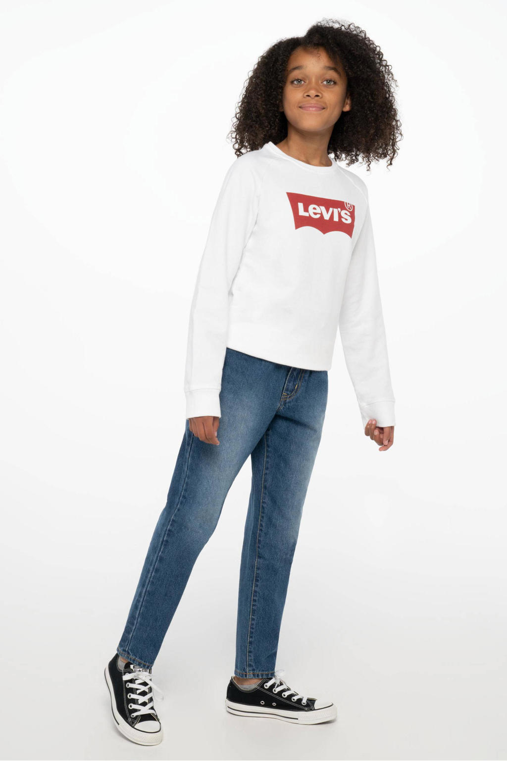 Witte meisjes Levi's Kids sweater Key item met logo dessin, lange mouwen en ronde hals