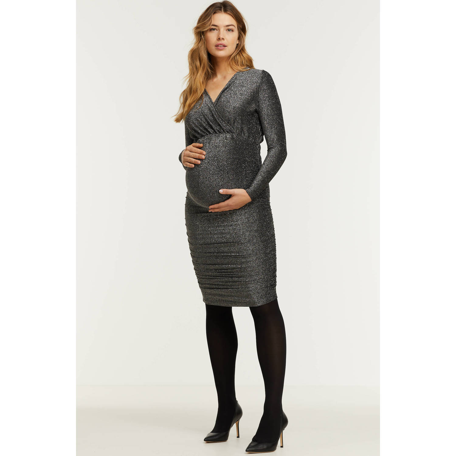 ONLY MATERNITY zwangerschapsjurk OLMDARLING met glitters zwart Dames Polyamide Overslagkraag XL