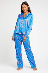 Chelsea Peers satijnlook pyjama Mystic Lion met dierenprint blauw/roze, Blauw/roze
