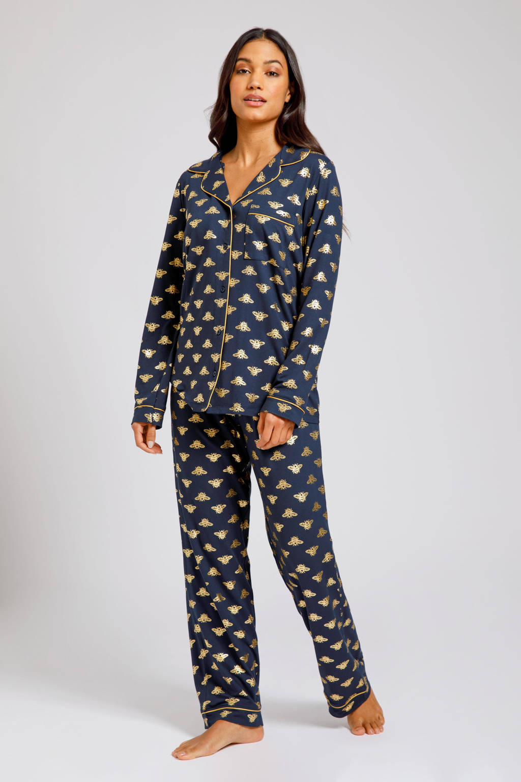 Chelsea Peers pyjama Bumble Bee met all over print donkerblauw/goud, Donkerblauw/goud