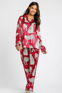 Chelsea Peers satijnlook pyjama Leopard met all over print donkerrood/wit, Donkerrood/wit