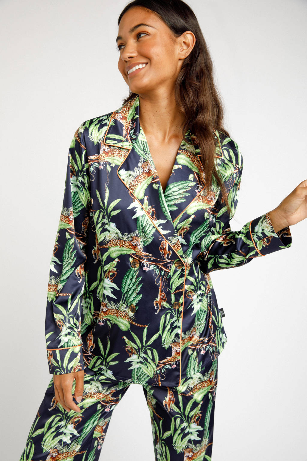 Chelsea Peers satijnlook pyjama Jungle met all over print donkerblauw/groen, Donkerblauw/groen
