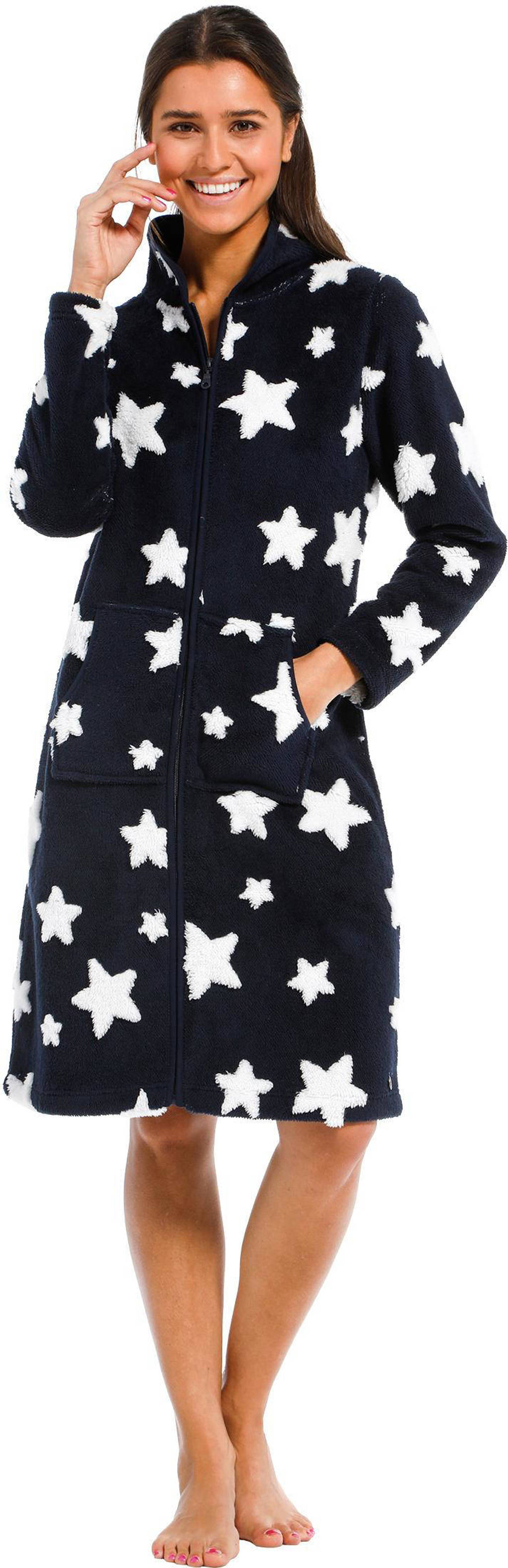 Rebelle fleece badjas met ritssluiting en sterren donkerblauw/wit, Donkerblauw/wit