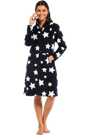 fleece badjas met ritssluiting en sterren donkerblauw/wit