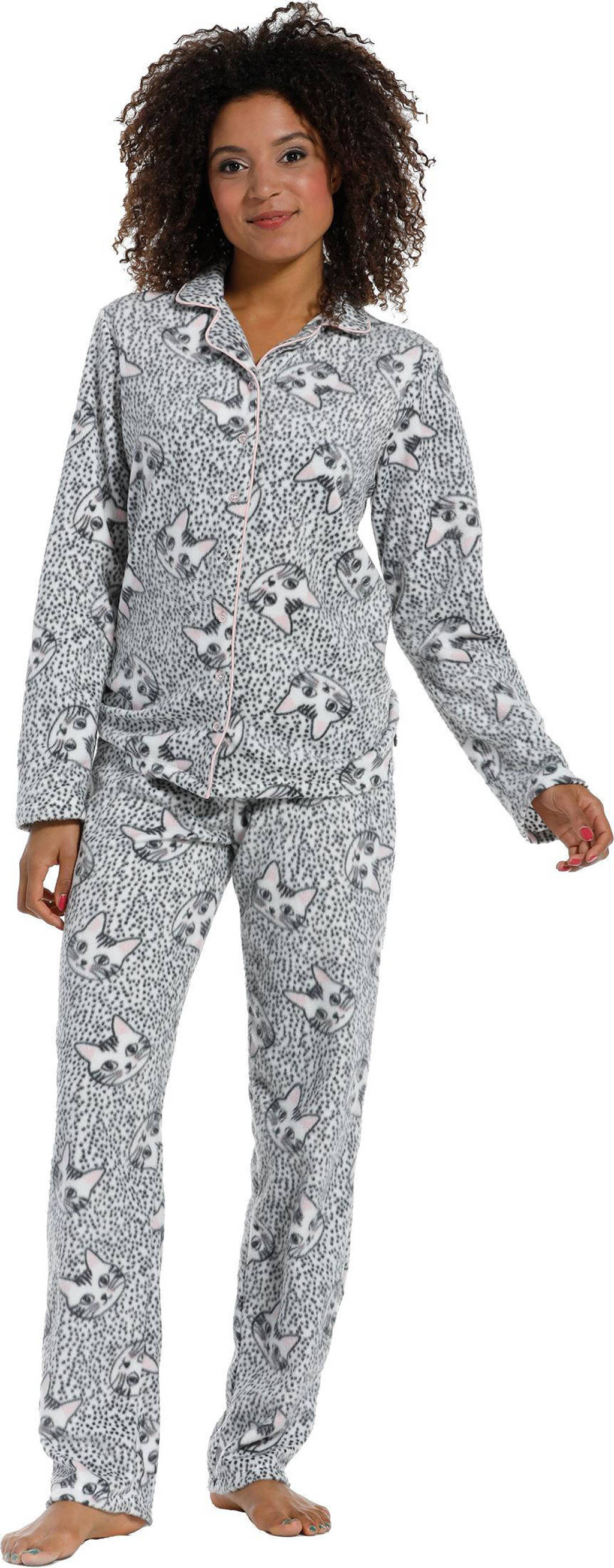 Rebelle fleece pyjama met poezen print grijs/roze, Grijs/roze