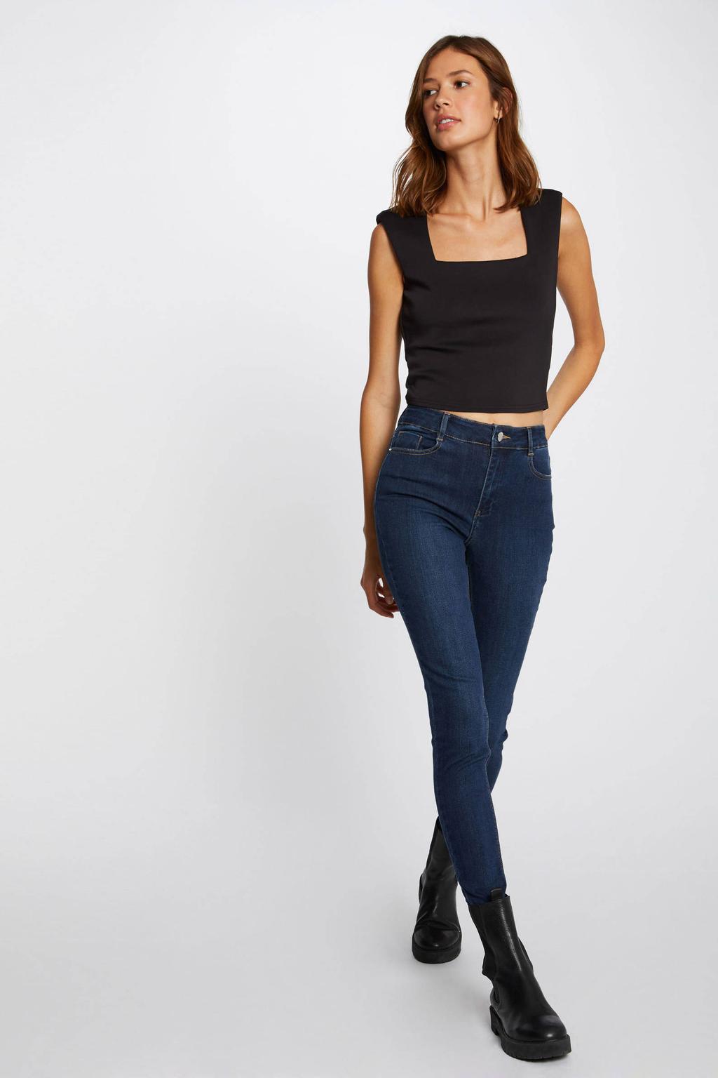 Blauwe dames Morgan high waist skinny jeans van stretchdenim met rits- en knoopsluiting en effen
