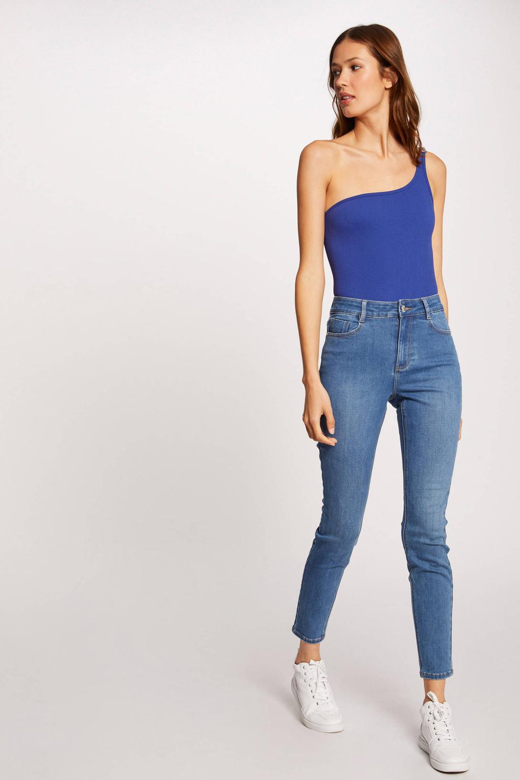 Stonewashed dames Morgan cropped high waist skinny jeans van stretchdenim met rits- en knoopsluiting en effen