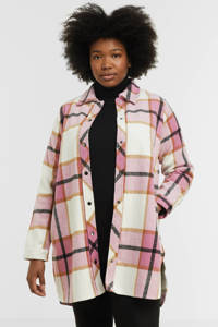 Roze, wit en zwarte dames Zhenzi geruite shacket van polyester met lange mouwen, klassieke kraag en drukknoopsluiting