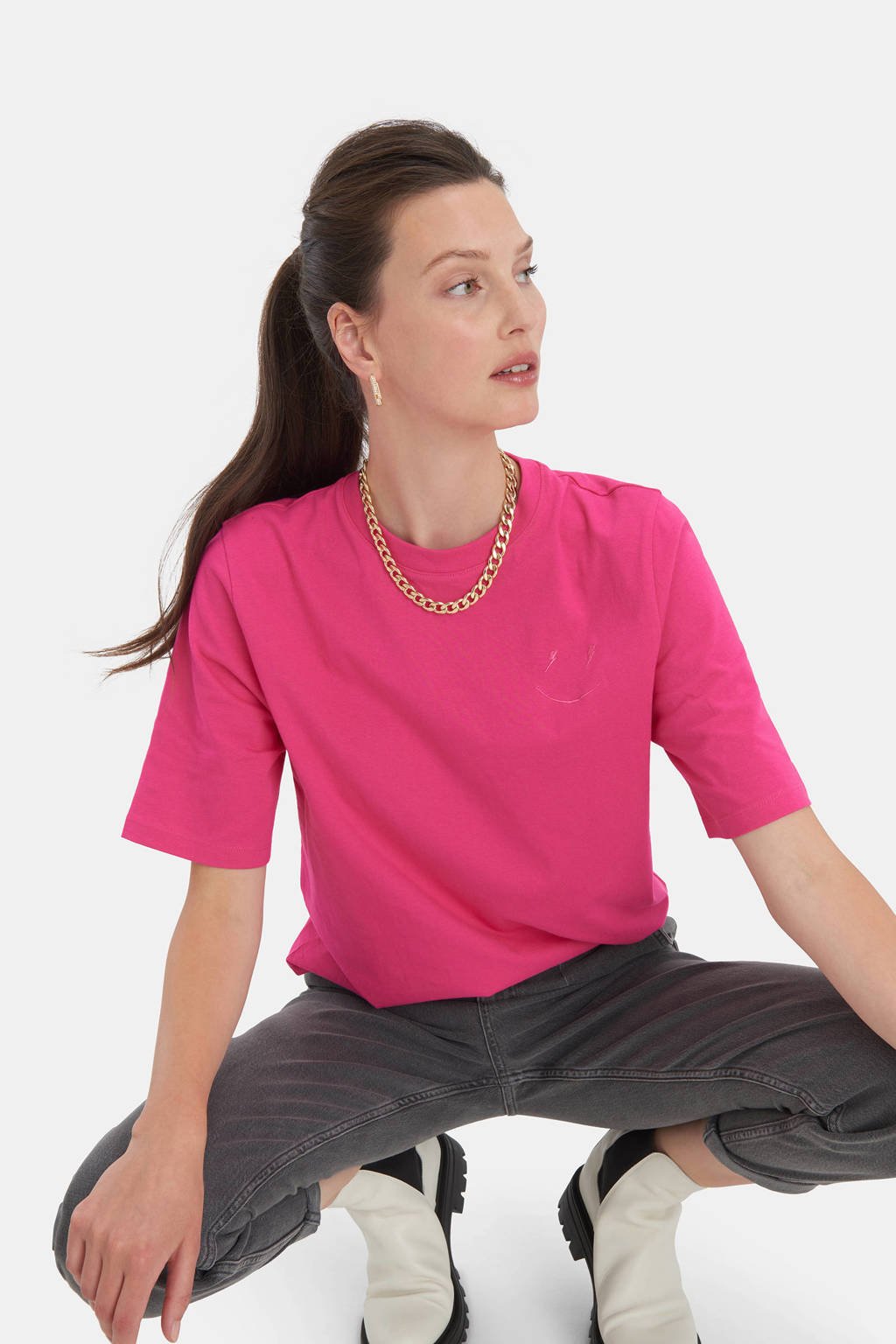 Roze dames Shoeby Eksept T-shirt Basic Colour van katoen met half lange mouwen, ronde hals en borduursels