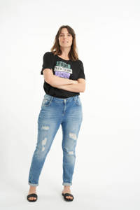 Lichtblauwe dames MS Mode mom jeans van stretchdenim met regular waist en rits- en knoopsluiting