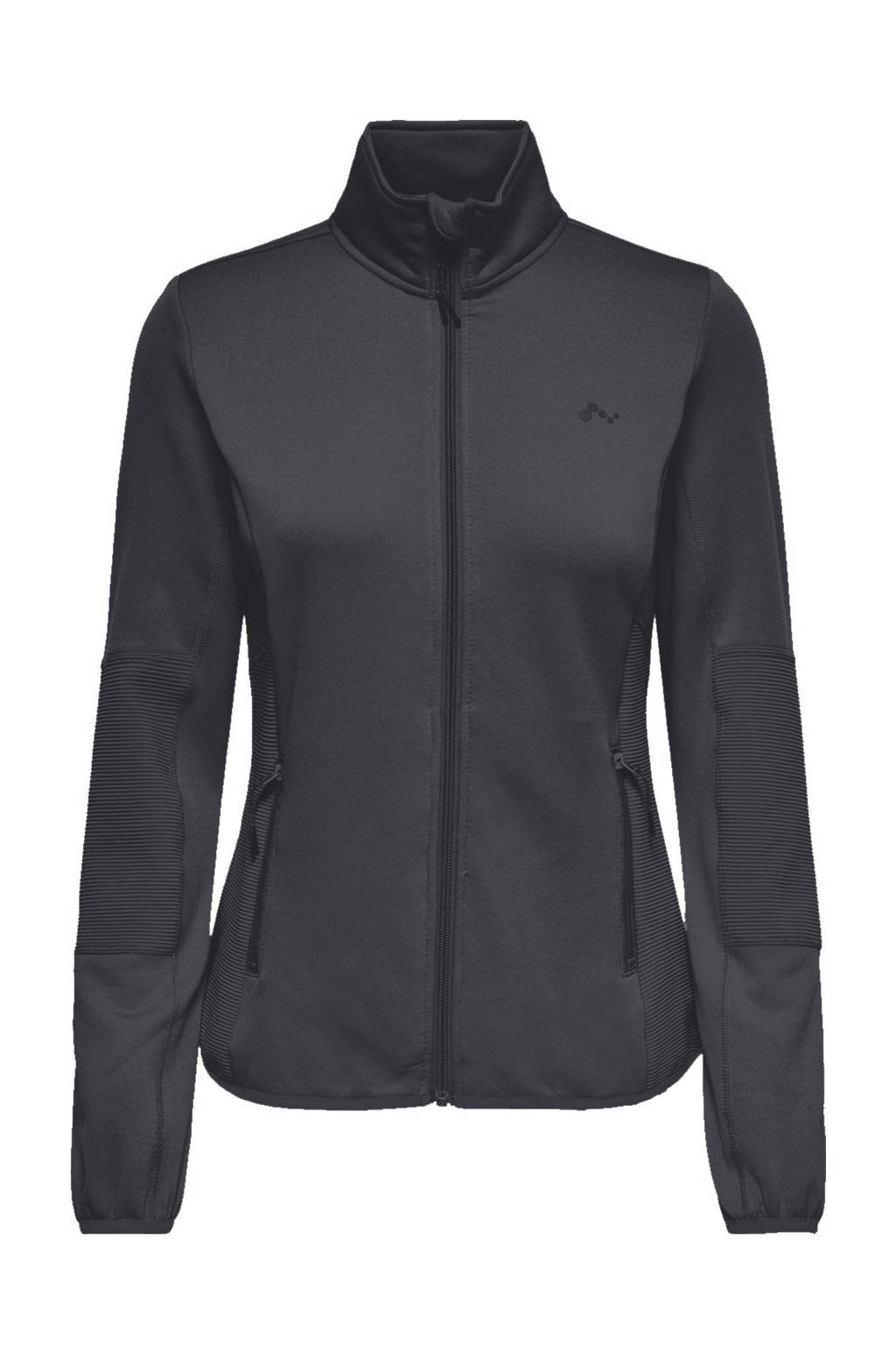 Donkerblauwe dames ONLY PLAY CURVY Plus Size fleecevest ONP met logo dessin, lange mouwen, opstaande kraag en textuur