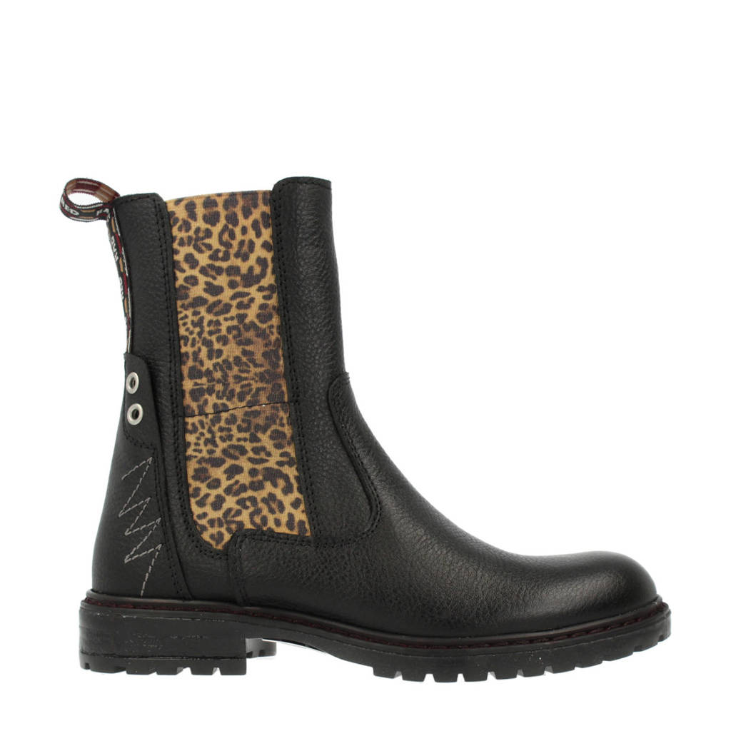 Zwarte meisjes Red Rag 12322 leren chelsea boots met profielzool, ritssluiting en panterprint