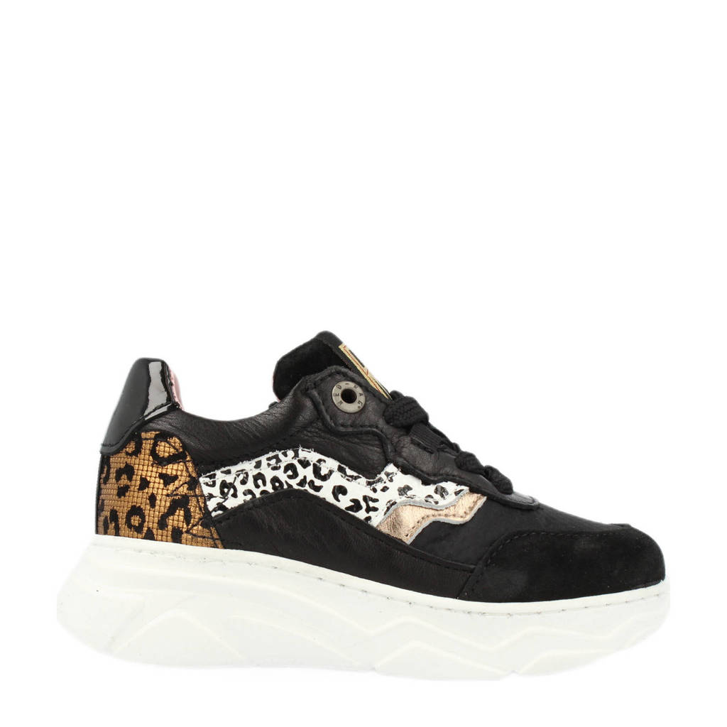 Zwarte meisjes Red Rag 13130 leren chunky sneakers met veters en panterprint