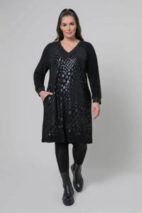 Zwarte dames Mat Fashion jurk van polyester met printopdruk, lange mouwen, V-hals en contrast bies