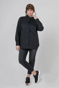 Zwarte dames Mat Fashion blouse van stretchkatoen met lange mouwen, klassieke kraag en blinde knoopsluiting
