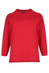 Rode dames Mat Fashion sweater van katoen met driekwart mouwen, V-hals en split